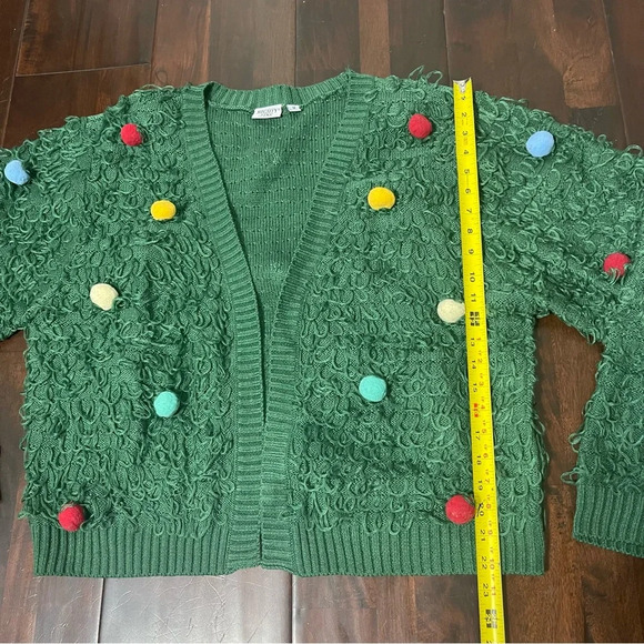 Mighty Fine Christmas Tree Cardigan Sweater Women's 1X Green W/ Color Pom Poms - Picture 6 of 7